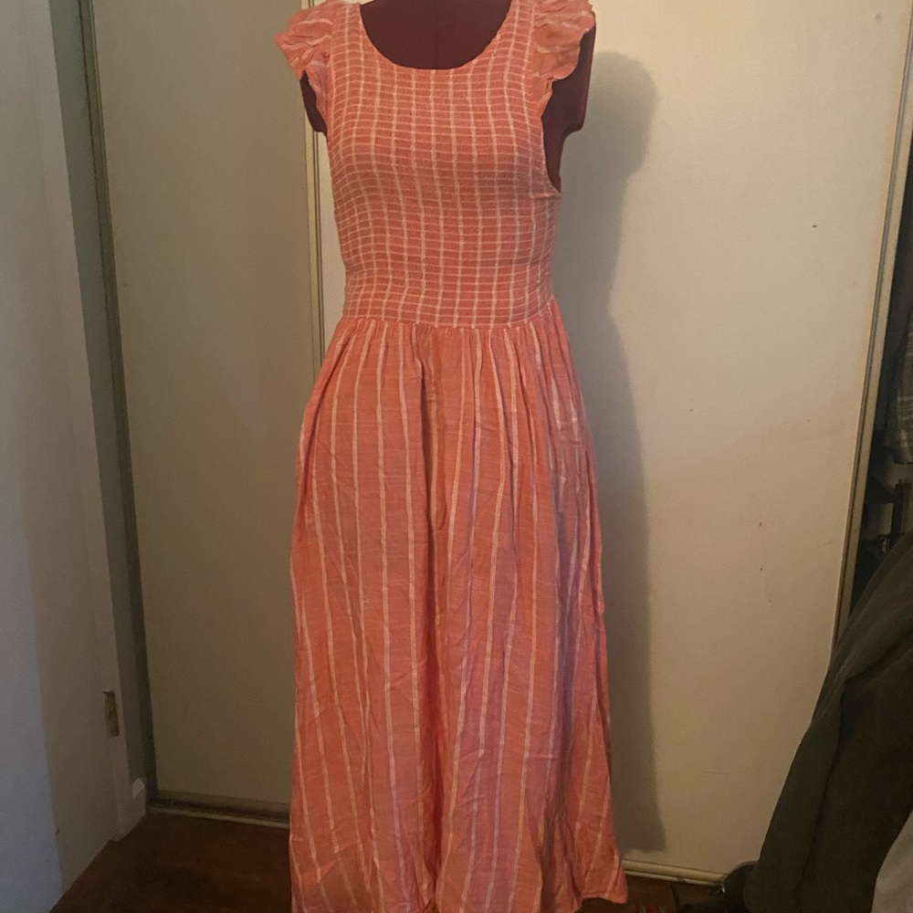 Free People Orange Pleated Smocked Maxi Sundress